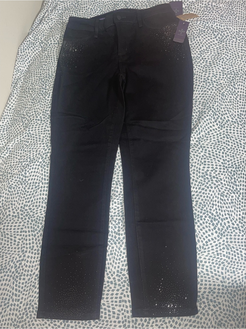 NYDJ Jeans Womens Sz 10 Black Rhinestone Clarissa Ankle Stretch Mid Rise Slim